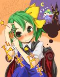  aki_(akikaze_asparagus) autumn_(artist) blush bow cape costume daiyousei fang green_eyes green_hair hair_bow hair_ornament halloween highres imagining short_hair solo touhou yagokoro 