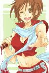  blood bottle breasts brown_eyes brown_hair cleavage meiko red scarf short_hair smile solo vocaloid wink 