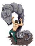  1boy belt boulder_badge brown_hair frown geodude gym_badge gym_leader gym_leader_badge jeans male manly muscle nipples onix poke_ball pokemon pokemon_(creature) pokemon_(game) pokemon_rgby pose takeshi_(pokemon) yoruniyoruyoshi 