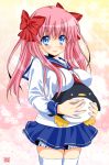  blush bow breast_rest breasts carried_breast_rest etopen hair_bow haramura_nodoka long_hair pengin_guriko penguin pink_hair saki school_uniform serafuku solo thigh-highs thighhighs zettai_ryouiki 