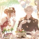  1boy 1girl :d balloon black_shirt brown_hair cake closed_mouth cup doughnut earrings flower food forehead glasses hair_bun highres holding holding_cup holding_plate jewelry nacloooo necklace open_mouth outdoors plate polo_shirt red_vest rosa_(tears_of_themis) rose shirt short_hair short_sleeves sleeves_rolled_up smile table teacup teapot tears_of_themis tree vest vyn_richter_(tears_of_themis) white_flower white_hair white_rose white_shirt yellow_eyes 