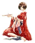 blush brown_hair hands japanese_clothes kimono kiseru meiko pipe red short_hair simple_background smoke solo traditional_media vocaloid 