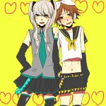  brown_hair cosplay crossdressing crossdressinging hanamura_yousuke hatsune_miku hatsune_miku_(cosplay) headphones kagamine_rin kagamine_rin_(cosplay) male midriff narukami_yuu persona persona_4 ribbon seta_souji short_hair skirt thighhighs trap twintails vocaloid ws_(pixiv) 