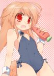  1girl bare_legs blush bow bowtie brown_hair bunny_ears bunnysuit carrot child flat_chest holding_carrot holding_food loli long_hair open_mouth original rabbit_ears red_eyes solo swimsuit toba_hiyoko wrist_cuffs 