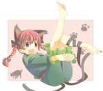  barefoot braid cat cat_ears cat_tail fang feet flat_chest hands hasebe_yu kaenbyou_rin leg_hug multiple_tails ribbon smile soles solo tail toe_spread toes touhou twin_braids 