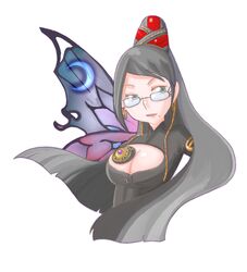  bayonetta bayonetta_(character) black_hair bodysuit cleavage earrings glasses hair_bun long_hair mole shark-5 