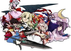  aki_shizuha alice_margatroid beru blonde_hair fujiwara_no_mokou hakurei_reimu hat hourai hourai_doll kamen_rider kamen_rider_dcd kamen_rider_decade kirisame_marisa lance leaf leaves nagae_iku patchouli_knowledge polearm shanghai shanghai_doll short_hair sword touhou weapon yukkuri_shiteitte_ne 