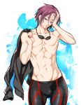  1boy brown_hair free! goggles goggles_around_neck jammers kure_masahiro looking_at_viewer male matsuoka_rin open_mouth red_eyes shirtless short_hair solo standing 