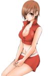  brown_eyes brown_hair cleavage kurota large_breasts meiko midriff nail_polish red short_hair simple_background skirt solo vocaloid 