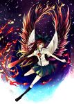  black_wings bow brown_hair cape eyes fire flying hair_bow highres kneehighs large_wings long_hair nako nako_(nonrain) outstretched_arms puffy_sleeves red_eyes reiuji_utsuho solo spread_arms touhou wings 