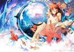  2girls anklet bare_shoulders barefoot bishamonten&#039;s_pagoda bow branch brown_hair card closed_eyes detached_sleeves dress fish flower goldfish hair_bow hair_tubes hakurei_reimu hat hat_ribbon jeweled_branch_of_hourai jewelry kirero long_hair long_sleeves multiple_girls red_dress ribbon touhou very_long_hair wide_sleeves yakumo_yukari yin_yang 