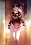  1girl absurdres black_hair brown_eyes collarbone highres kantai_collection mogami_(kantai_collection) panties panty_pull pink_panties school_uniform serafuku short_hair shower side-tie_panties solo underwear wet yykuaixian 