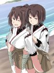  2girls brown_hair hyuuga_(kantai_collection) ise_(kantai_collection) kantai_collection long_hair multiple_girls ocean open_mouth piggyback ponytail short_hair side_glance skirt smile torn_clothes ulrich_(tagaragakuin) wink 