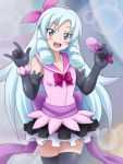  1girl \m/ blue_eyes blue_hair dress elbow_gloves gloves happinesscharge_precure! hosshiwa long_hair looking_at_viewer mameshiba microphone open_mouth precure solo 