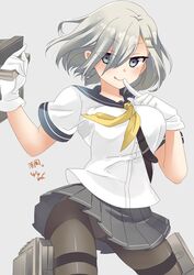  1girl :d absurdres black_legwear blue_eyes blush breasts cannon gloves hair_ornament hair_over_one_eye hairclip hamakaze_(kantai_collection) highres kantai_collection miniru open_mouth pantyhose personification pleated_skirt school_uniform serafuku short_hair silver_hair skirt smile solo torpedo turret white_gloves white_hair 