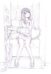  1girl monochrome original sandals self-portrait sitting sketch solo yoshitomi_akihito 