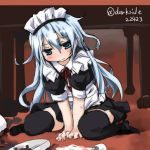  1girl alternate_costume black_legwear blue_eyes darkside enmaided hibiki_(kantai_collection) kantai_collection maid maid_headdress silver_hair sitting sketch solo spill thigh-highs wariza 