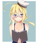  1girl ahige blonde_hair book breasts glasses hat i-8_(kantai_collection) kantai_collection kay_(utd) long_hair looking_at_viewer personification red-framed_glasses school_swimsuit smile solo swimsuit twintails 