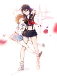  2girls bittersweet_(dalcoms) black_hair brown_hair highres kill_la_kill mankanshoku_mako matoi_ryuuko midriff multiple_girls navel pleated_skirt school_uniform senketsu serafuku short_hair skirt suspenders v wink 