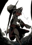  1girl animal_ears bare_shoulders detached_sleeves glowing glowing_eyes hat highres inubashiri_momiji looking_at_viewer pom_pom_(clothes) red_eyes short_hair silver_hair solo susumu_tukasa sword sword_bag tail tokin_hat touhou weapon wolf_ears wolf_tail 
