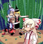  4girls @_@ bamboo bamboo_forest blonde_hair blue_eyes bow brown_hair cigarette closed_eyes forest frown fujiwara_no_mokou hair_bow hat hat_removed headwear_removed hug hug_from_behind kneeling lavender lavender_hair looking_at_another lunasa_prismriver lyrica_prismriver merlin_prismriver multiple_girls nature outstretched_arms red_eyes setz skirt skirt_set smoking spread_arms suspenders sweat touhou white_hair wide-eyed yellow_eyes 