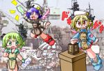  4girls aircraft_carrier american_flag antennae apron arm_up blonde_hair blush blush_stickers boots casablanca_class_escort_carrier chibi despair detached_wings dress empty_eyes fang flight_deck giving_up_the_ghost gloves green_eyes green_hair happy hat jumping lottery mecha_musume military multiple_girls no_nose o_o open_mouth original pale_face personification photo_background pointy_ears red_eyes shinsanbou ship short_hair side_slit sleeves_folded_up star sweatdrop us_navy wings world_war_ii 
