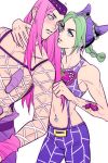  1boy 1girl blue_hair double_bun ginmu green_hair hat jojo_no_kimyou_na_bouken kuujou_jolyne long_hair multicolored_hair narciso_anasui pink_hair two-tone_hair 