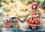  2girls blue_eyes blue_hair cat flower forest hair_flower hair_ornament head_fins hieda_no_akyuu japanese_clothes kimono long_sleeves mermaid monster_girl multiple_girls nature obi open_mouth purple_hair river sash scroll sitting_on_rock smile sunlight suou_sakura touhou violet_eyes wakasagihime wide_sleeves 