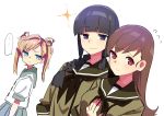  ... 3girls abukuma_(kantai_collection) black_hair blue_eyes braid brown_hair kantai_collection kitakami_(kantai_collection) looking_at_another multiple_girls ooi_(kantai_collection) red_eyes school_uniform serafuku together twintails violet_eyes walking yomosaka 