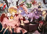  6+girls apron ascot bat blonde_hair blue_hair book_stack brooch capelet carrying chinese_clothes crescent dress flandre_scarlet hat hat_removed head_wings headwear_removed hong_meiling izayoi_sakuya jewelry kazabana_fuuka knife koakuma looking_at_viewer maid maid_headdress mob_cap multiple_girls open_clothes open_coat open_mouth patchouli_knowledge pink_dress pocket_watch puffy_sleeves purple_hair red_dress red_eyes redhead remilia_scarlet sash scarlet_devil_mansion shirt short_sleeves siblings side_slit silver_hair sisters skirt skirt_set smile star striped striped_dress touhou waist_apron watch wink 