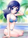  1girl bikini blue_eyes blue_hair dokidoki!_precure half_updo highres hishikawa_rikka long_hair precure ruriruri sitting swimsuit yokozuwari 