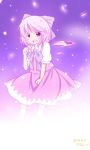  1girl alternate_color bow cirno dress hair_bow open_mouth petals pink_eyes pink_hair ribbon short_hair solo touhou wings zizz_(egoisto) 