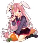  1girl ahoge animal_ears blush bunny_hair_ornament carrot cnm crescent_hair_ornament hair_ornament kantai_collection kemonomimi_mode long_hair looking_at_viewer personification pink_hair rabbit_ears red_eyes school_uniform serafuku simple_background skirt smile solo uzuki_(kantai_collection) very_long_hair white_background 