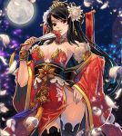  1girl bare_shoulders black_hair black_legwear breasts cleavage detached_sleeves flower full_moon hair_flower hair_ornament hand_on_hip large_breasts lips long_hair looking_at_viewer moon no_panties original parted_lips qbspdl red_eyes smile solo thigh-highs 