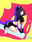  1girl ankle_boots black_gloves black_hair blue_eyes blush boots crop_top gloves hat kill_la_kill large_syringe matoi_ryuuko midriff nurse nurse_cap oversized_object short_hair shorts solo straddling sweatdrop syringe yunkru 