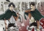  2boys bangs belt black_hair blade blurry brown_hair cape copyright_name depth_of_field eren_jaeger feathers grey jacket levi_(shingeki_no_kyojin) long_sleeves multiple_boys open_mouth over_shoulder parted_bangs shingeki_no_kyojin short_hair three-dimensional_maneuver_gear weapon weapon_over_shoulder yano_(404878) 