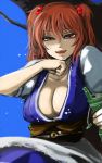  1girl bottle breasts cleavage ginji_(sakaki_summer) hair_bobbles hair_ornament hot looking_at_viewer looking_down onozuka_komachi open_mouth puffy_short_sleeves puffy_sleeves red_eyes redhead short_hair short_sleeves simple_background solo sweat touhou twintails water_bottle wiping_face 