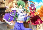  blonde_hair blush breasts broom detached_sleeves frog_hair_ornament green_eyes green_hair hair_ornament hair_ribbon hat kochiya_sanae kurot large_breasts loafers long_hair looking_at_viewer moriya_suwako multiple_girls navel open_mouth payot purple_hair ribbon ribbon-trimmed_legwear ribbon_trim rope sandals shimenawa shoes short_hair skirt smile snake_hair_ornament stretch thigh-highs touhou white_legwear wink yasaka_kanako yellow_eyes 