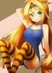  1girl 2014 azalanz blonde_hair blush breasts green_eyes hairband long_hair looking_at_viewer one-piece_swimsuit ootori_kohaku open_mouth signature sitting solo striped striped_legwear swimsuit thigh-highs unity_(game_engine) very_long_hair 