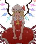  1girl ^_^ ascot blonde_hair clenched_hands closed_eyes flandre_scarlet frilled_skirt frills mefomefo mob_cap short_hair side_ponytail skirt smile touhou wings 