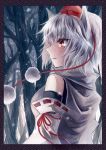  1girl animal_ears bare_shoulders detached_sleeves forest frame hat hat_removed headwear_removed inubashiri_momiji miyakure nature red_eyes shirt silver_hair snowing solo tokin_hat touhou wolf_ears 