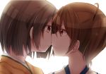 2girls blush brown_eyes brown_hair cherry_rosso face-to-face hiryuu_(kantai_collection) japanese_clothes kaga_(kantai_collection) kantai_collection multiple_girls open_mouth personification short_hair side_ponytail smile 