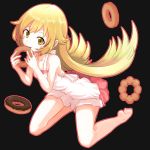  1girl barefoot blonde_hair blush_stickers doughnut dress long_hair mojake monogatari_(series) oshino_shinobu yellow_eyes 