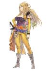  1girl belt blonde_hair celes_chere detached_sleeves feathers final_fantasy final_fantasy_vi full_body high_heel_boots high_heels iwanai_tomoeju long_hair solo standing white_background yellow_pants 