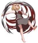  1girl barefoot blonde_hair blouse darkness hair_ribbon mefomefo outstretched_arms red_eyes ribbon rumia short_hair simple_background skirt smile spread_arms touhou vest white_background 