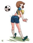  1girl ball brown_eyes brown_hair cleats highres itsuki_(otsugei) kill_la_kill kneehighs looking_back mankanshoku_mako midriff short_hair shorts soccer soccer_ball soccer_uniform solo sportswear 