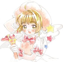  1girl :d blush bow brown_hair cardcaptor_sakura fuuin_no_tsue gloves green_eyes hand_on_own_head hat kinomoto_sakura looking_at_viewer magical_girl neck_ribbon nitako open_mouth puffy_short_sleeves puffy_sleeves ribbon short_hair short_sleeves smile solo star wand white_background wings 