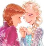  2girls anna_(frozen) backlighting blush braid brown_hair closed_eyes elsa_(frozen) eyeshadow frozen_(disney) glitter happy holding_hands interlocked_fingers laughing lipstick long_hair makeup multiple_girls open_mouth platinum_blonde red_lipstick siblings single_braid sisters smile snowflakes tears white_background yano_(404878) 