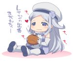  1girl aila_jyrkiainen boots chibi elbow_gloves food gloves gundam gundam_build_fighters hat long_hair mudou_eichi silver_hair solo thigh-highs thigh_boots violet_eyes 