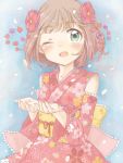  1girl amami_haruka blush brown_hair green_eyes hair_ornament idolmaster japanese_clothes kimono mcyu petals smile solo wink yukata 